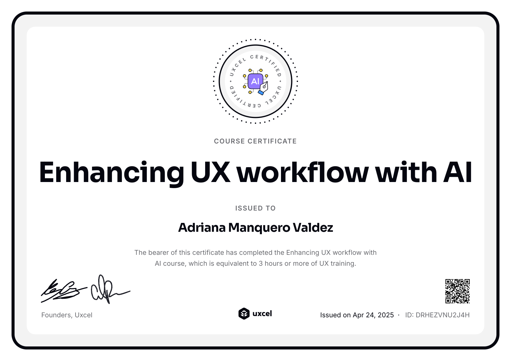 Adriana Manquero Valdez's certificate